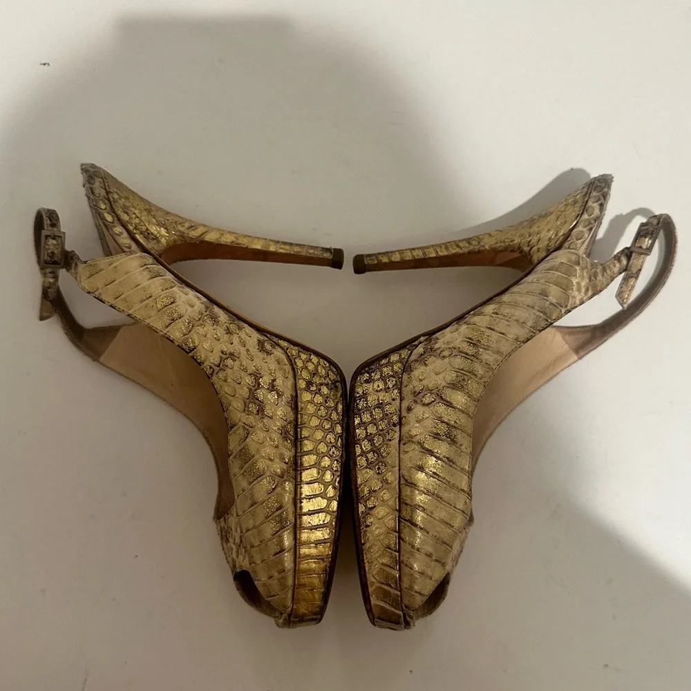 Jimmy Choo Nova Gold Snakeskin Leather Peep Toe Platform Slingback Pumps Size 36